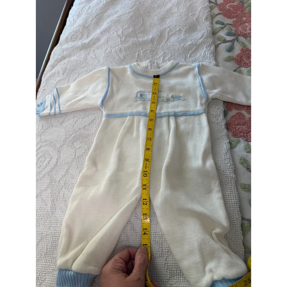 Carriage Boutiques Vintage Knit Train Footed Romper White Blue Boy One Piece